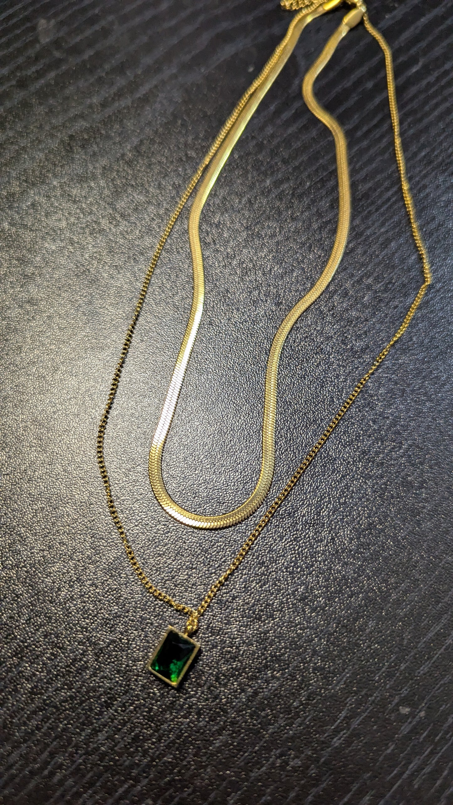 Double-Layered Gold Chain with Emerald Green Pendant