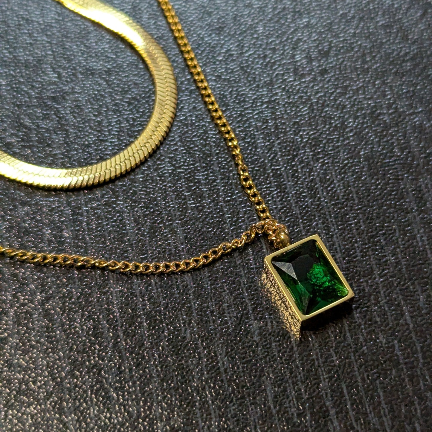 Double-Layered Gold Chain with Emerald Green Pendant