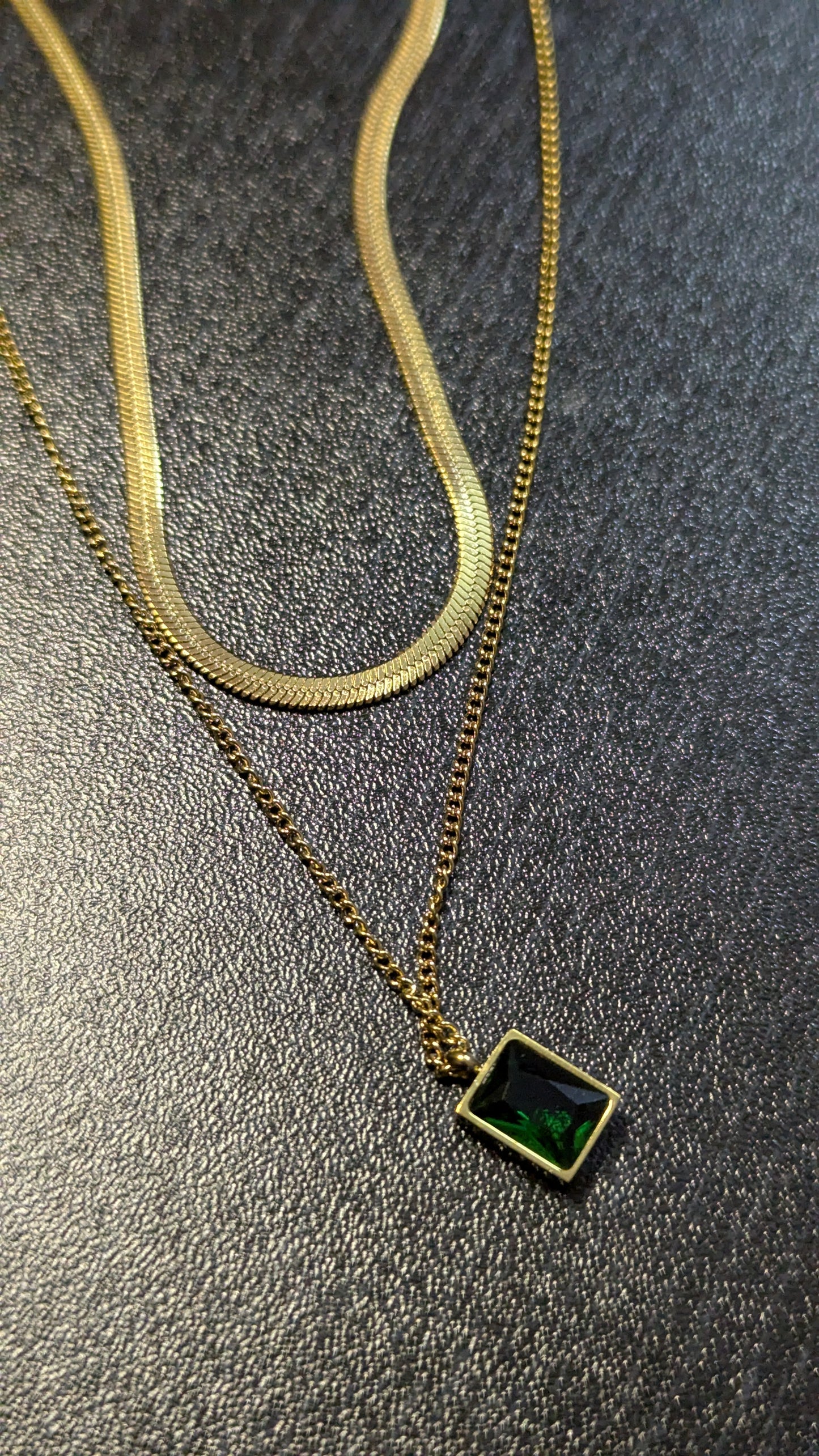 Double-Layered Gold Chain with Emerald Green Pendant