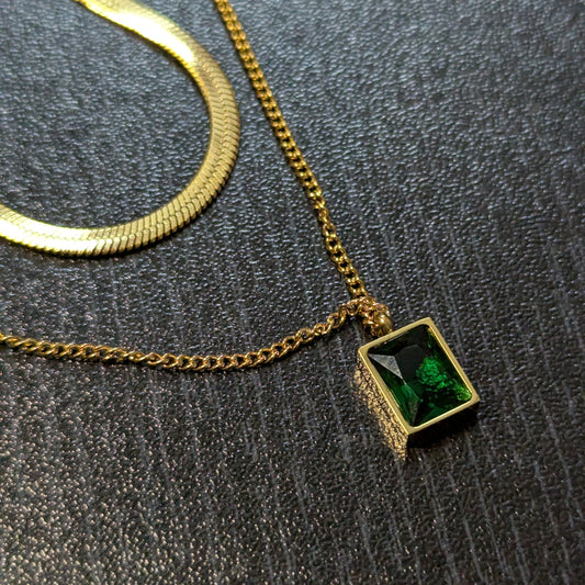 Double-Layered Gold Chain with Emerald Green Pendant