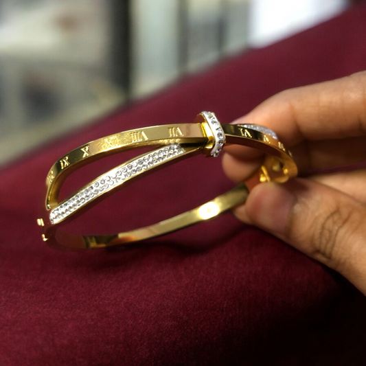 Elegant Anti-Tarnish Gold Kada with Roman Numerals & Crystal Accents