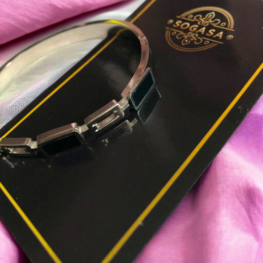 Modern Anti-Tarnish Silver Kada with Bold Black Stone Detailing
